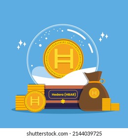 Hedera HBAR crypto coin gifting concept. Crypto wallet and bag with coin stacks. Donation and Airdrop virtual digital currency vector elements. 