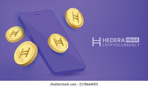 Hedera (HBAR) crypto currency 3D gold coins with smartphone in background vector illustration template