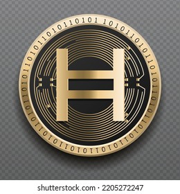 Hedera (HBAR) cryptocurrency golden coin isolated in transparent background. Virtual currency token symbol vector illustration based on cryptography and block chain technology.