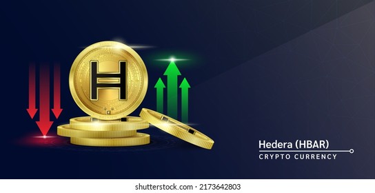 Banner de criptodivisa de token de Hedera. Futura moneda en el mercado bursátil de blockchain con flechas rojas-verdes arriba y abajo. Monedas de oro cripto monedas. Cartel de noticias de fondo sólido. Vector 3D.