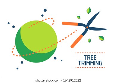 Hedge Clippers Or Brush Cutter Pruning A Bush, Giving It The Shape Of A Ball. Leaves Scatter. Tree Trimming Service Icon. Garden Care Concept For Design Of Banners, Flyers. Flat Vector Illustration.