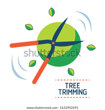 Hedge clippers or brush cutter pruning a bush, giving it the shape of a ball. Leaves scatter. Tree trimming service icon. Garden care concept for design of banners, flyers. Flat vector illustration.