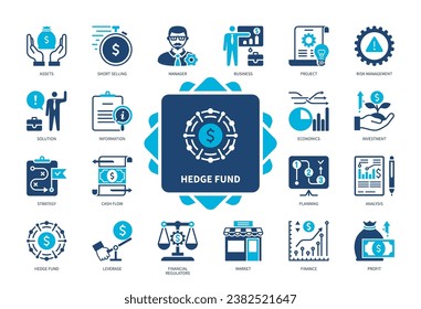 Symbol für Hedge Fonds festgelegt. Risikomanagement, Investitionen, Finanzregulierungsbehörden, Vermögenswerte, Geschäft, Cashflow, Gewinn, Analyse. Duotone-Farbsymbole