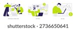 Hedge fund isolated cartoon vector illustrations set. Investing in hedge fund, businessman talking investment advisor, happy trader get a big income, money loss on stock market vector cartoon.