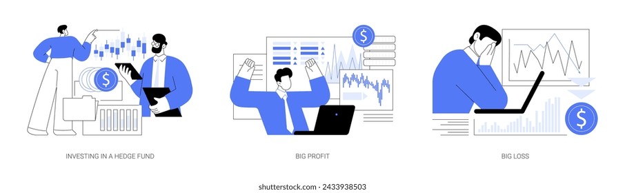 Hedge fund isolated cartoon vector illustrations set. Investing in hedge fund, businessman talking investment advisor, happy trader get a big income, money loss on stock market vector cartoon.