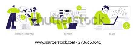 Hedge fund isolated cartoon vector illustrations set. Investing in hedge fund, businessman talking investment advisor, happy trader get a big income, money loss on stock market vector cartoon.