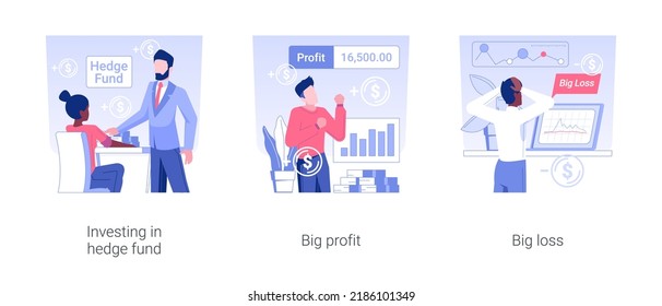 Hedge funding isolated concept vector illustration set. Investing in hedge fund, big profits and losses, business risk, money investment, financial crisis, mutual fund vector cartoon.