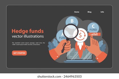 Hedge funds concept. Hands explore diverse portfolios with a magnifying glass, analyzing growth potential and risk management in the market. Investment strategy insights. Flat vector illustration