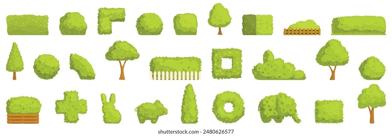 Hedge icons set. Gardener designing a beautiful green space with decorative shrubs, topiary and hedges