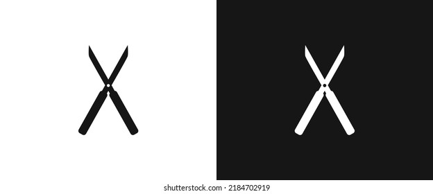 Hedge shears flat icon for web. Simple grass scissors sign web icon silhouette with invert color. Minimalist hedge shears solid black icon vector design. Plant cutter logo. Garden tools concept