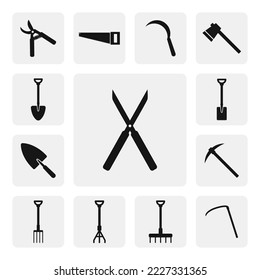 Hedge shears flat icon for web. Simple grass scissors sign web icon silhouette. Minimalist hedge shears solid black icon vector design. Plant cutter logo. Garden tools concept icon set bundle
