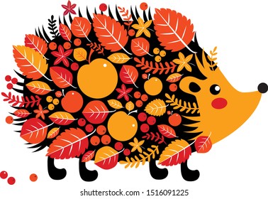 
Hedgehog. Animal. Apples. Berries. White isolated