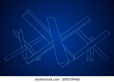Hedgehog antitank defence. Wireframe low poly mesh vector illustration.