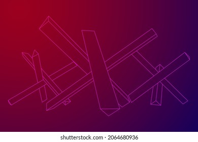 Hedgehog antitank defence. Wireframe low poly mesh vector illustration.