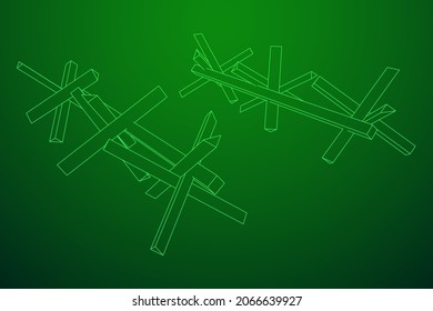 Hedgehog antitank defence. Wireframe low poly mesh vector illustration.