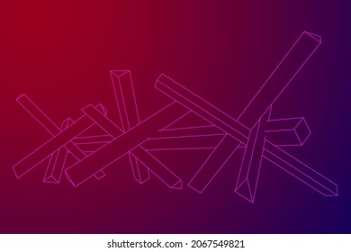 Hedgehog antitank defence. Wireframe low poly mesh vector illustration.