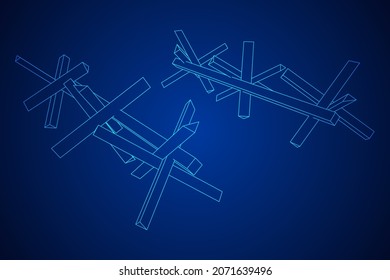 Hedgehog antitank defence. Wireframe low poly mesh vector illustration.