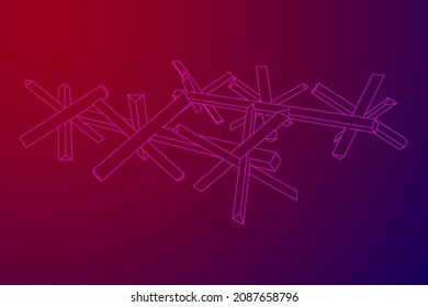 Hedgehog antitank defence. Wireframe low poly mesh vector illustration.
