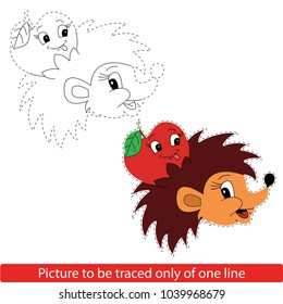 Hedgehog and apple to be traced only of one line, the tracing educational game to preschool kids with easy game level, the colorful and colorless version.