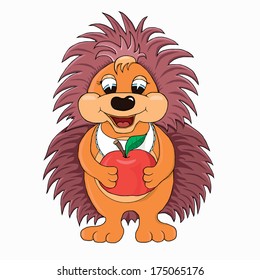 Hedgehog with apple. Cartoon style.