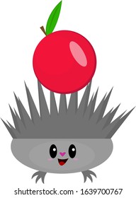 Hedgehog and apple cute cartoon character with heart-shaped nose and black shiny eyes red appetizing fruit animal and nature concept object on a white background logo for design