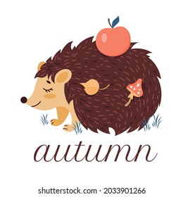 Hedgehog mit einem Apfel. Ein süßer Charakter für Herbstdesign im Cartoon-Stil. Clipkunst auf weißem Hintergrund. Vektorgrafik