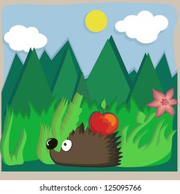 Hedgehog with an apple in the forest. Vector illustration.