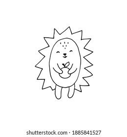 Hedgehog with an apple in his paws. Vector hand-drawn doodle illustration. Black and white outline. Coloring.