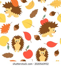 Hedgehog apple leaf and acorn seamless autumn pattern. Vector illustration of fall background. Pattern with animals and autumn elements. Colorful template for wallpaper and packaging.
