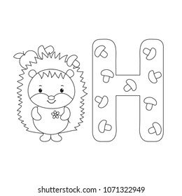 Hedgehog with apple and mushroom  for letter H in kids alphabet. Outline cartoon character and letter for children`s type, cute smiling animal, for baby developing card, kids ABC , coloring book.