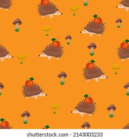 Hedgehog with apple and mushrooms, seamless pattern, vector illustration