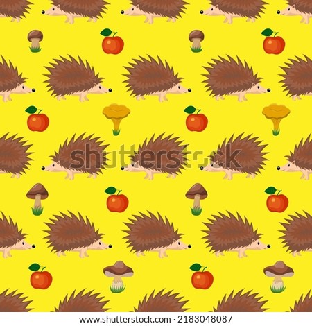 Hedgehog, apple and mushrooms, seamless pattern, vector illustration