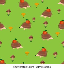 Hedgehog and apple, seamless pattern, vector illustration