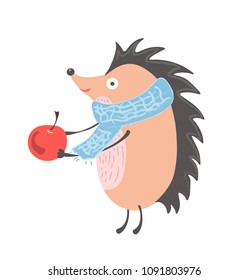 Hedgehog with apple. Vector character. 
Icon.