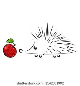 Hedgehog with an apple. Vector of a hedgehog. Hand drawn funny, cartoon hedgehog with a red apple on his back.