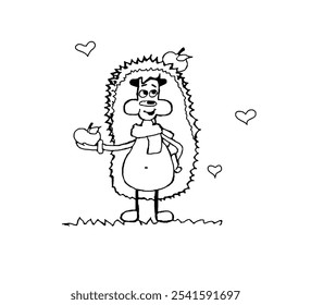 
hedgehog with apples, black outline on a white background, vector