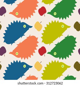 Hedgehog and apples. Childish seamless pattern can be used for wallpapers, pattern fills, surface textures.