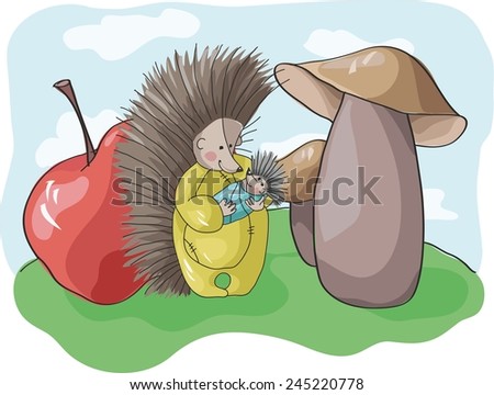 Hedgehog with apples and mushrooms. vector
