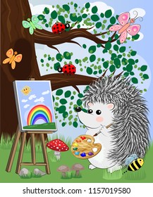 A hedgehog artist draws on an easel amidst a forest glade. Profession, vocation, hobby, art