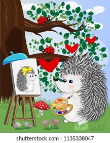 A hedgehog artist in love draws on an easel amidst a forest glade, owls are watched from a branch. Profession, vocation, hobby, art