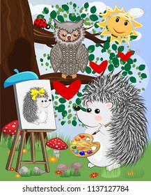 A hedgehog artist in love draws on an easel amidst a forest glade, owls are watched from a branch. Profession, vocation, hobby, art
