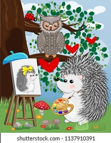 A hedgehog artist in love draws on an easel amidst a forest glade, owl on a branch. Profession, vocation, hobby, art
