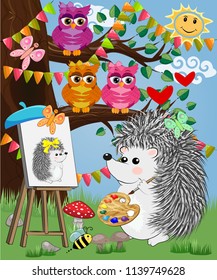A hedgehog artist in love draws on an easel amidst a forest glade, owls are watched from a branch. Profession, vocation, hobby, art