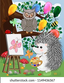 A hedgehog artist in love draws on an easel amidst a forest glade, owls are watched from a branch. Profession, vocation, hobby, art