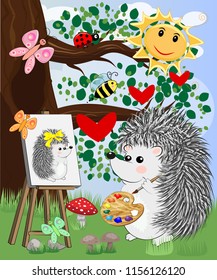 A hedgehog artist in love draws on an easel amidst a forest glade, owls are watched from a branch. Profession, vocation, hobby, art