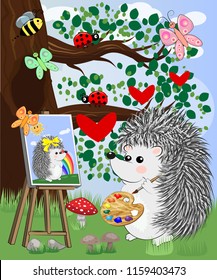 A hedgehog artist in love draws on an easel amidst a forest glade, owls are watched from a branch. Profession, vocation, hobby, art