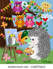A hedgehog artist in love draws on an easel amidst a forest glade, owls are watched from a branch. Profession, vocation, hobby, art