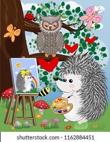 A hedgehog artist in love draws on an easel amidst a forest glade, owls are watched from a branch. Profession, vocation, hobby, art