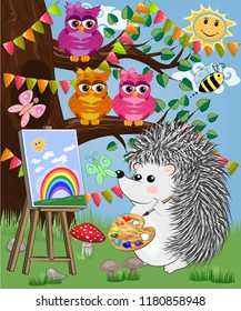 A hedgehog artist in love draws on an easel amidst a forest glade, owls are watched from a branch. Profession, vocation, hobby, art