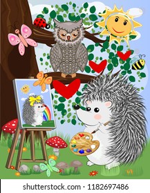 A hedgehog artist in love draws on an easel amidst a forest glade, an owl watches from a branch. Profession, vocation, hobby, art